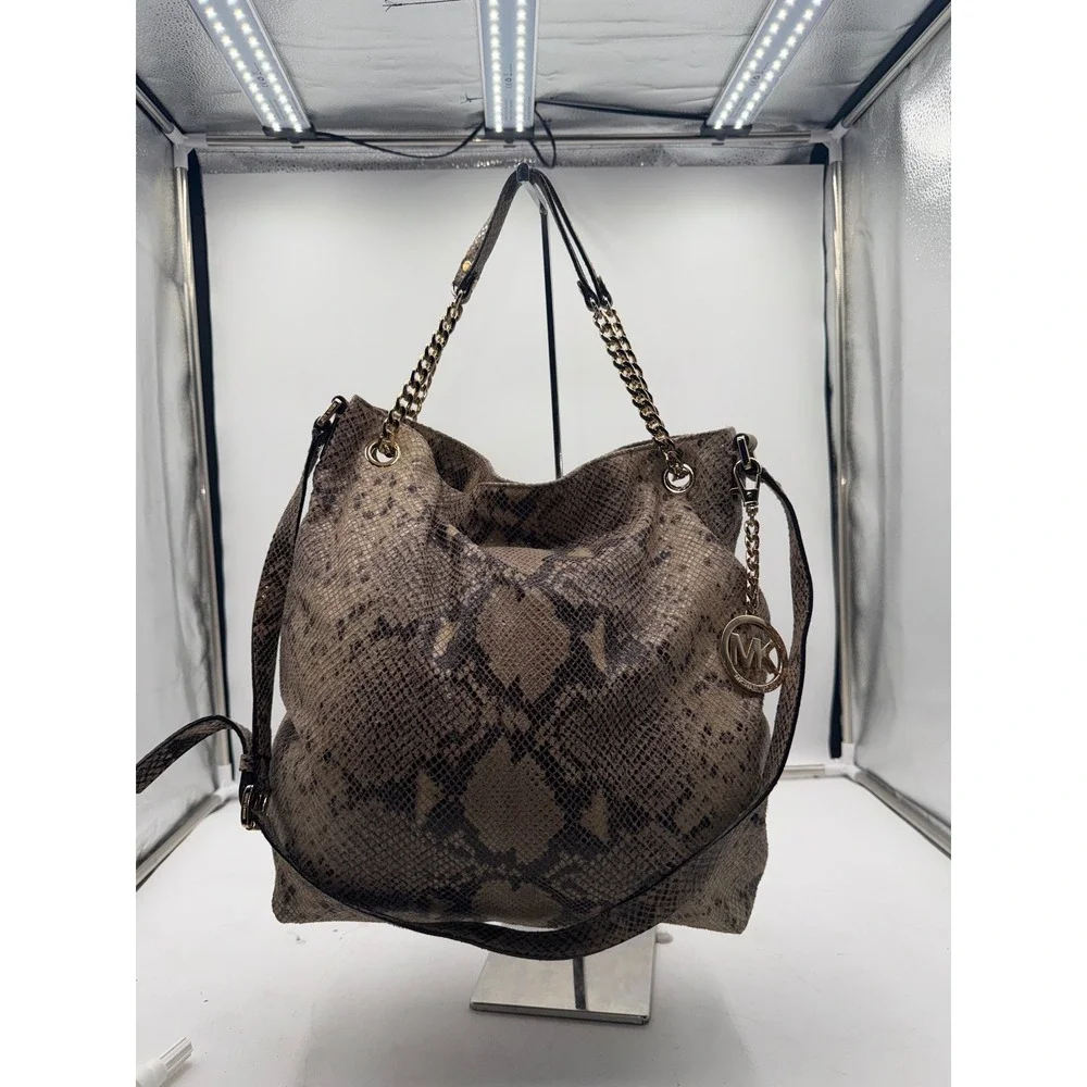 Michael Kors Snakeskin Embossed Leather Hobo Bag Brown Gold Hardware Crossbody